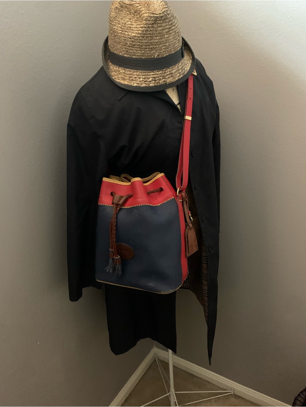 Dooney & Bourke Navy, Red & Yellow Leather Drawstring Bucket Bag - Picture 2 of 16